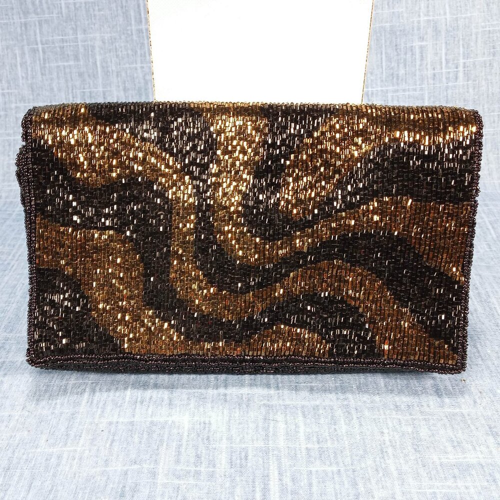 1960s Vintage Clutch with a Black and Bronze Hand Beaded Design by Walborg